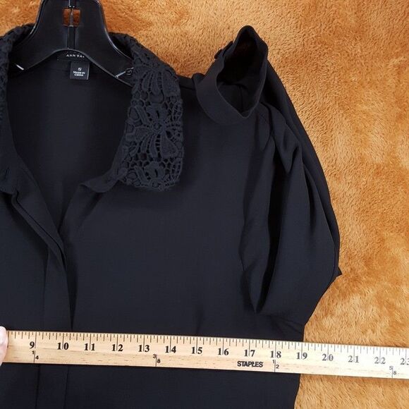 ANN TAYLOR Top Womens Small Black Hidden Button Up Crochet Collar Blouse - Picture 7 of 9